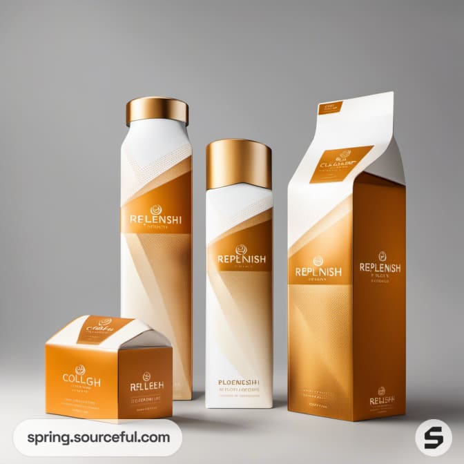 Modern bottles and boxes in gold and white, showcasing sleek packaging.