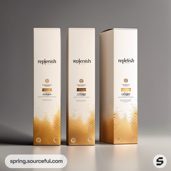 Tall slender boxes in gold gradient design, with clean minimalist layout.