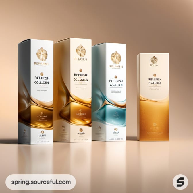 Diverse boxes in gold and white with elegant fluid design for collagen.