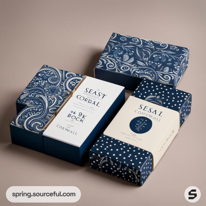 Blue and white floral and dotted luxury packaging boxes on beige surface.