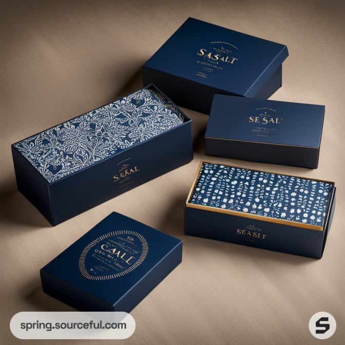 Navy and patterned luxury boxes on beige background.