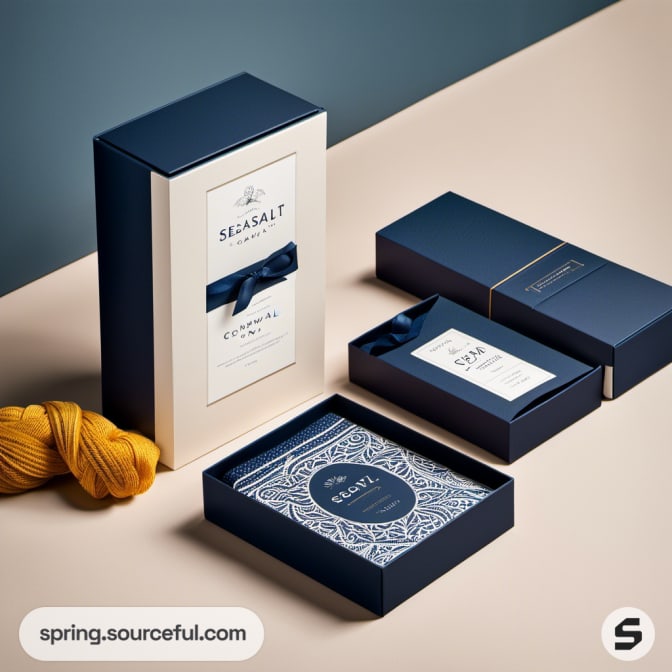 Luxury dark blue and white boxes with intricate patterns and ribbon.