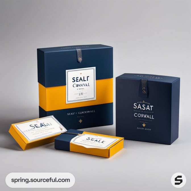 Elegant navy and yellow packaging boxes with minimalist design.