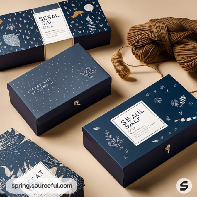 Patterned blue gift boxes with brown yarn on beige background.