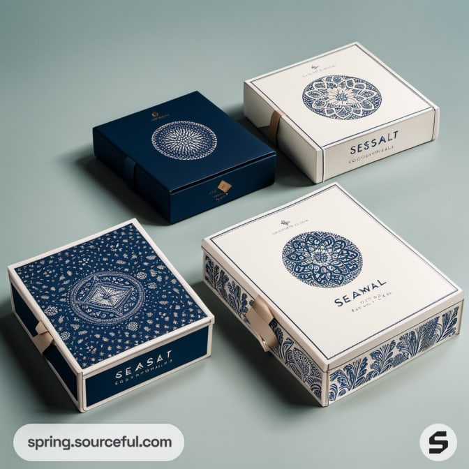 Detailed mandala design boxes in navy and white on light green surface.