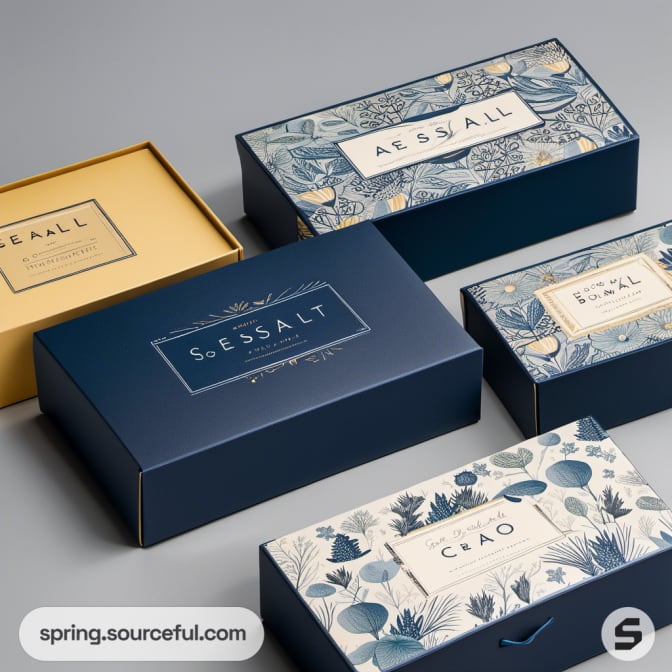 Floral patterned and yellow accent boxes on grey background.