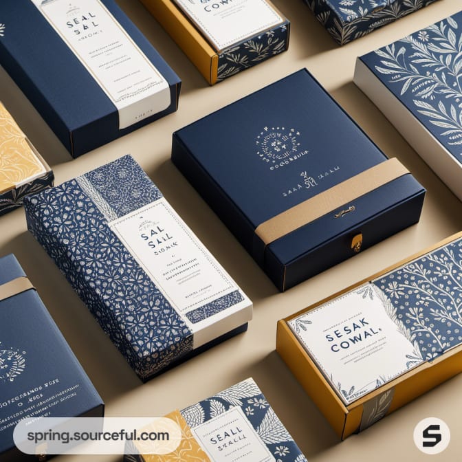 Elegant blue and gold patterned boxes arranged on beige surface.