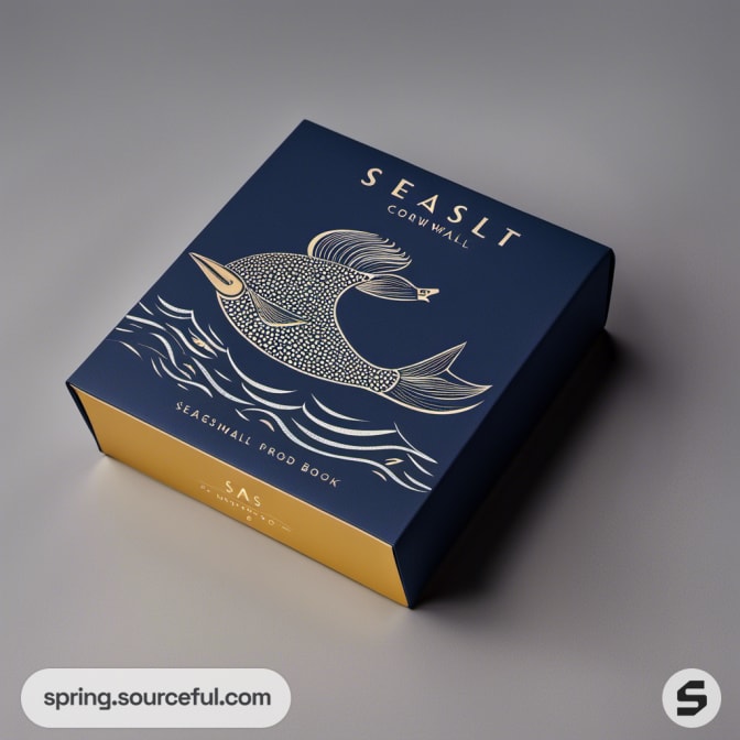 Navy and gold box with fish illustration and wave design.