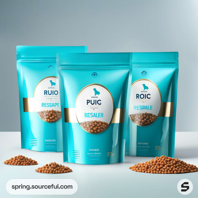 Blue resealable pouches of pet food with pellets scattered on a surface.
