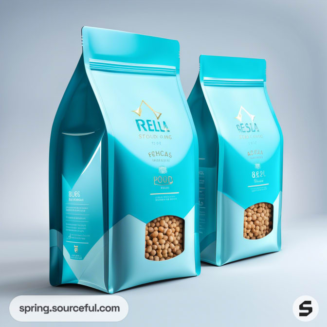 Teal resealable pouches with chickpeas image, geometric design.