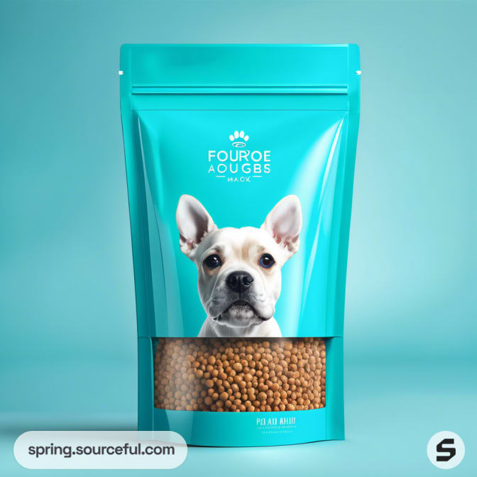 Teal resealable pouch with cute dog image and visible kibble window, on a light blue background.