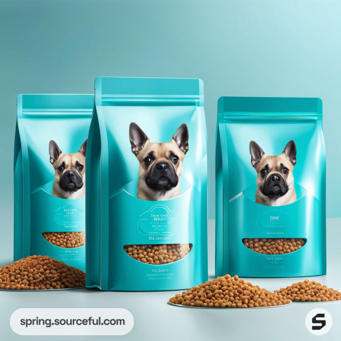 Turquoise resealable dog food pouches with a dog image, filled with brown kibble, on a light blue background.