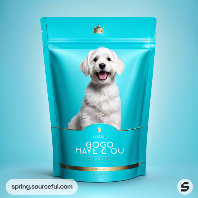 Teal resealable pouch with a happy puppy image, gold accents, and a crown graphic on the packaging.