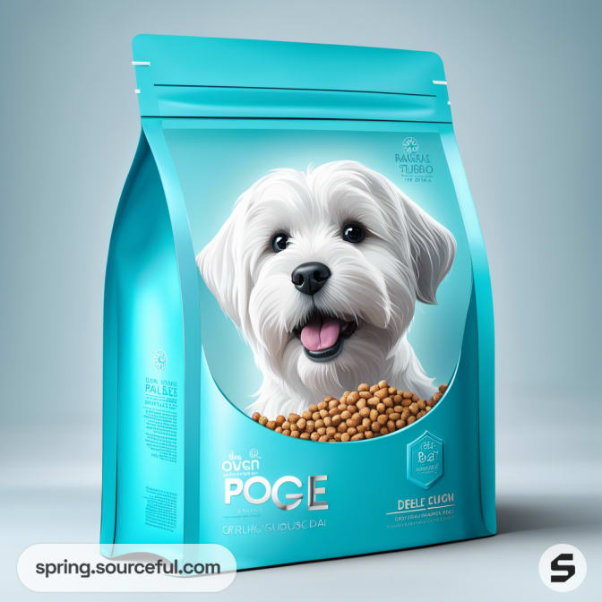 Resealable pouch with white dog image on blue packaging, containing pet food kibble.