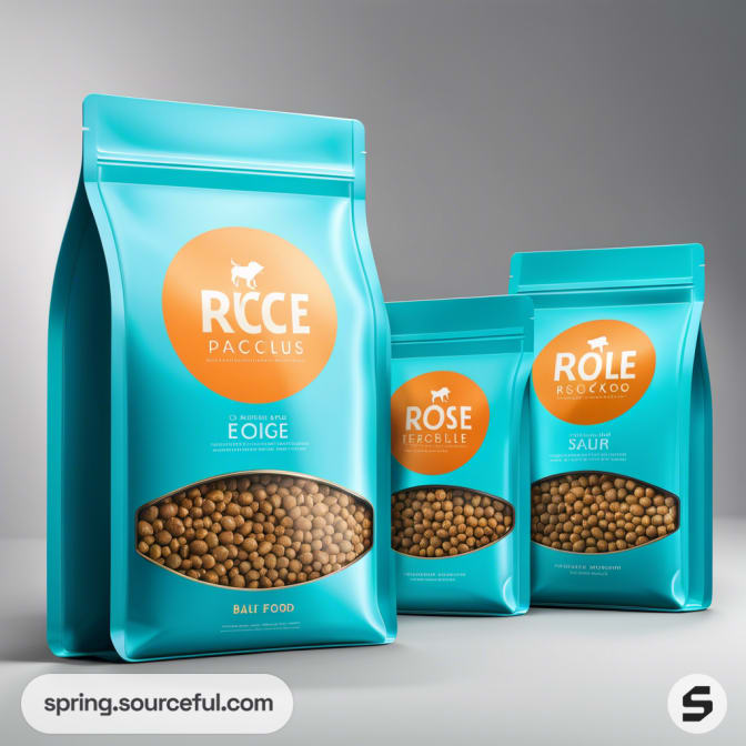 Three teal resealable pouches with transparent windows showing brown pellets, labeled for pet food.