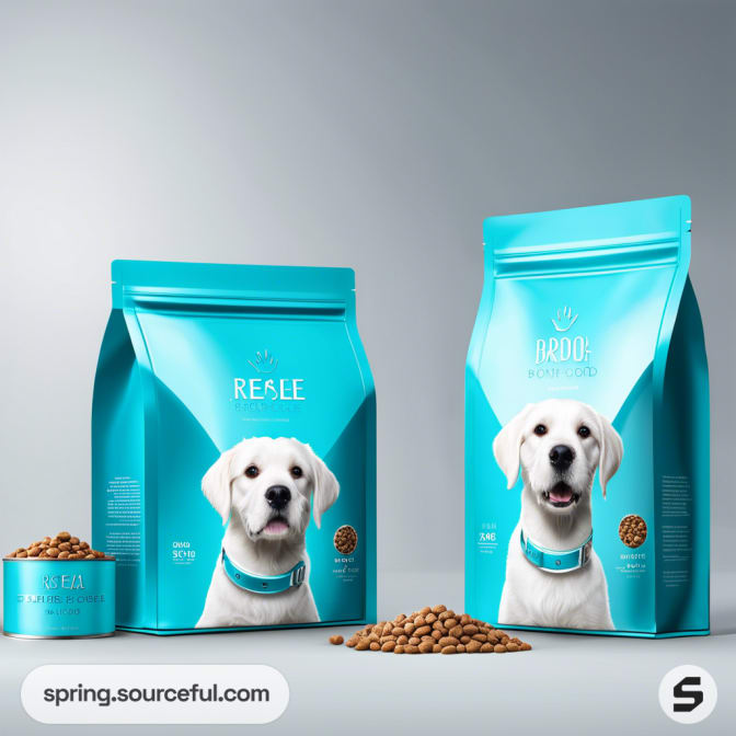 Blue resealable pouches of dog food with a golden retriever and kibble pile in front.