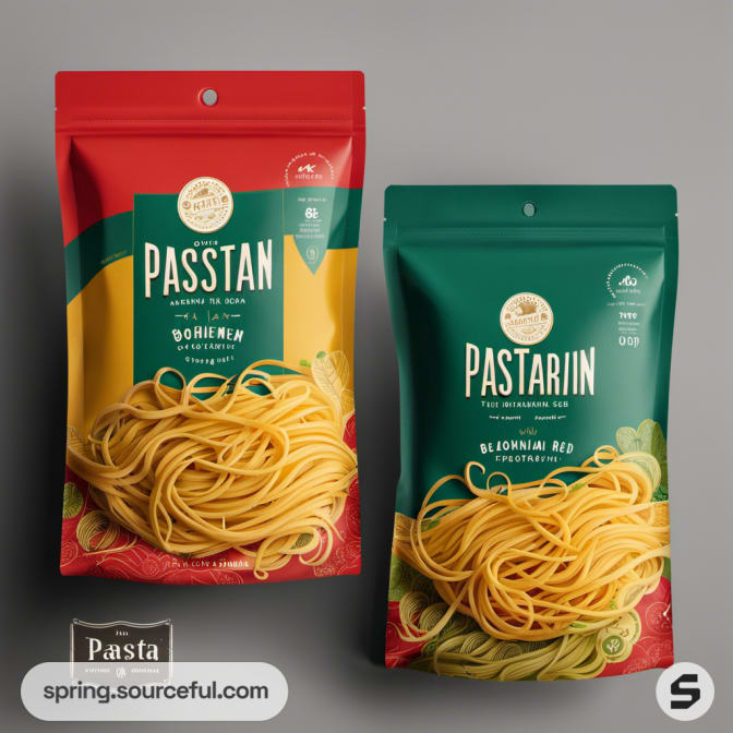 Two colorful pasta pouches with spaghetti on a plain background, featuring modern label design.