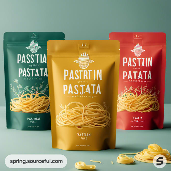 Trio of pasta packs in green, yellow, and red on a soft blue background, featuring vibrant modern packaging.