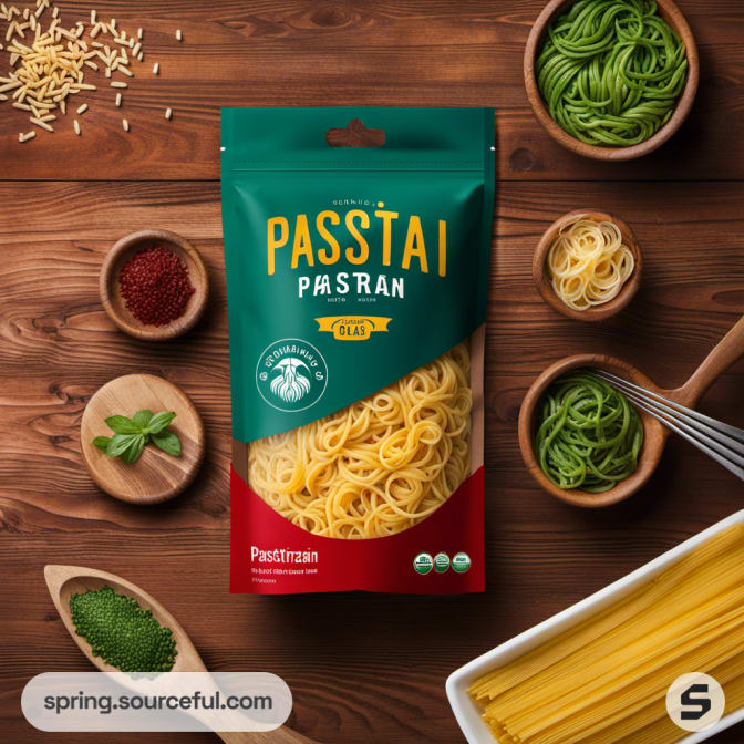 Pasta package with ingredients like spinach and spices on wooden surface, featuring vibrant design.