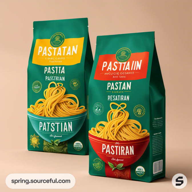 Two colorful pasta packages with elegant design on a beige background, showcasing different pasta shapes.