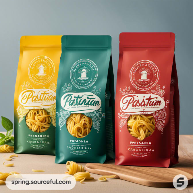 Three pasta bags in elegant designs on a neutral background, featuring intricate patterns and typography.