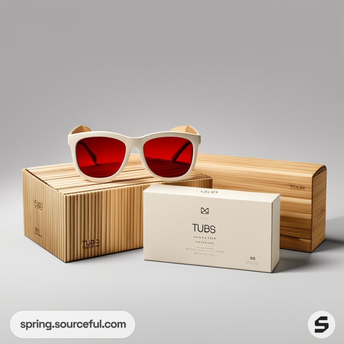 Sunglasses with red lenses, white frames, beside bamboo-patterned boxes on a gray background.