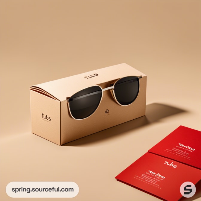 Sunglasses on beige box with red cards on brown surface.