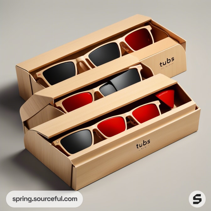Brown boxes with sunglasses, featuring black and red frames and lenses, displayed open on a flat surface.