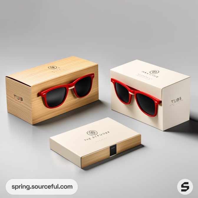 Red sunglasses with wooden and white boxes on a gray background.