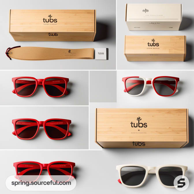 Red and white sunglasses with bamboo box packaging.