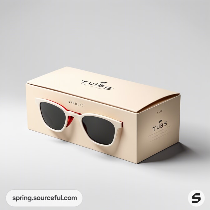 Beige cardboard box with black sunglasses graphic, containing sunglasses.