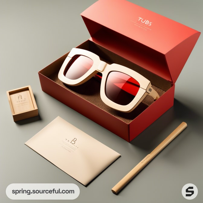 Red sunglasses with a cream rectangular frame in an open red box, accompanied by a cream envelope and small box.