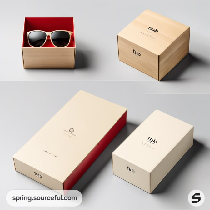 Wooden sunglasses box with sunglasses inside, another closed box with brand text.