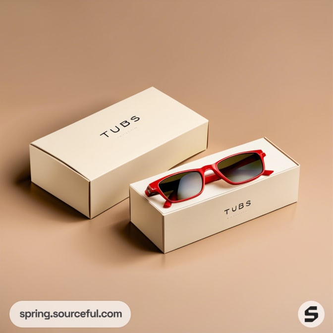 Beige box packaging with red sunglasses placed on top, on a brown background.