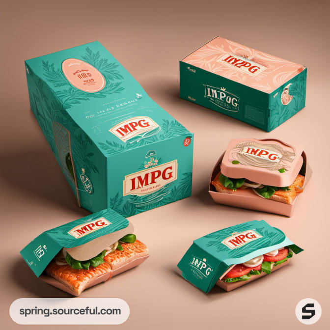 Assorted teal and peach sandwich packaging with leafy designs on boxes and wraps.