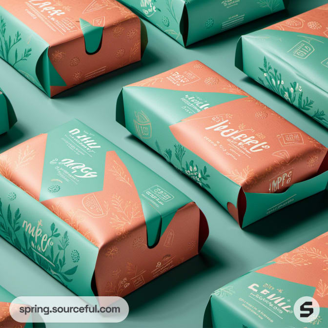 Teal and peach rectangular packages with leafy designs for sandwiches.