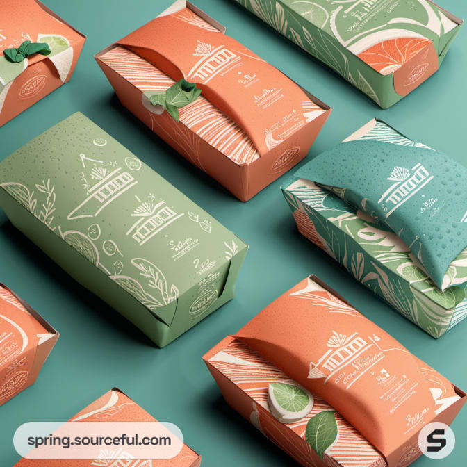 Green and orange sandwich packaging with fruit graphics and decorative designs.