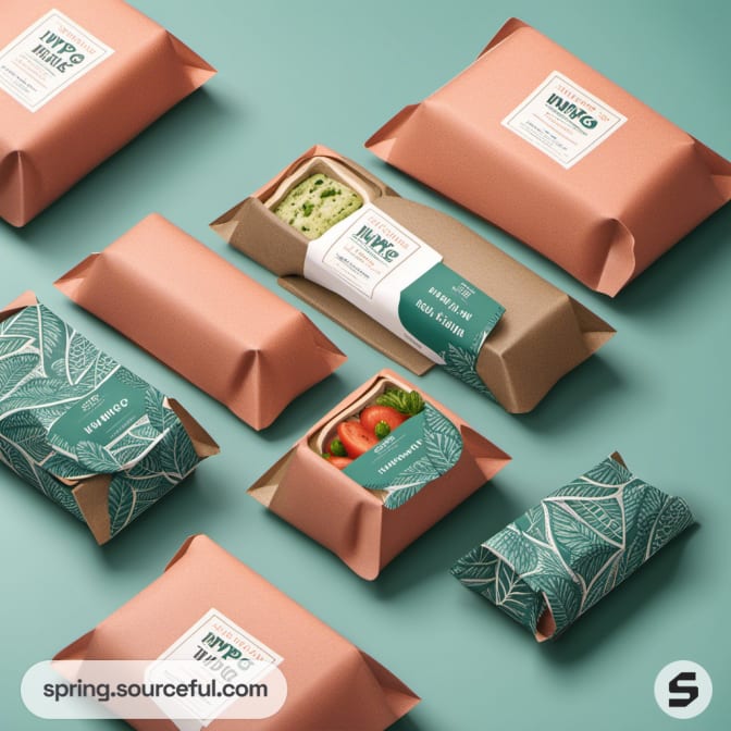 Peach and teal sandwich packaging showcasing leaf patterns and open boxes.