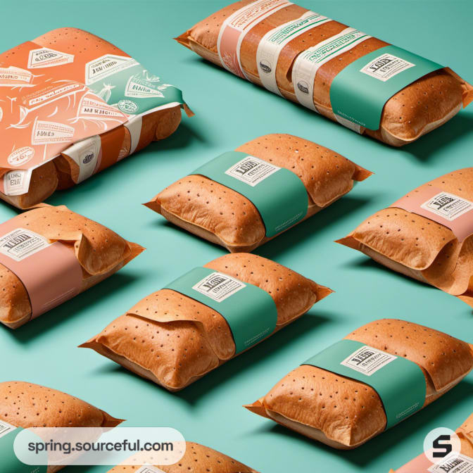 Peach and teal wrapped bread with perforated packaging and labeling.