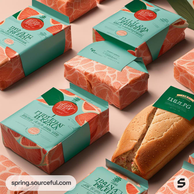 Teal and peach sandwich rolls with grapefruit design on wrapping.