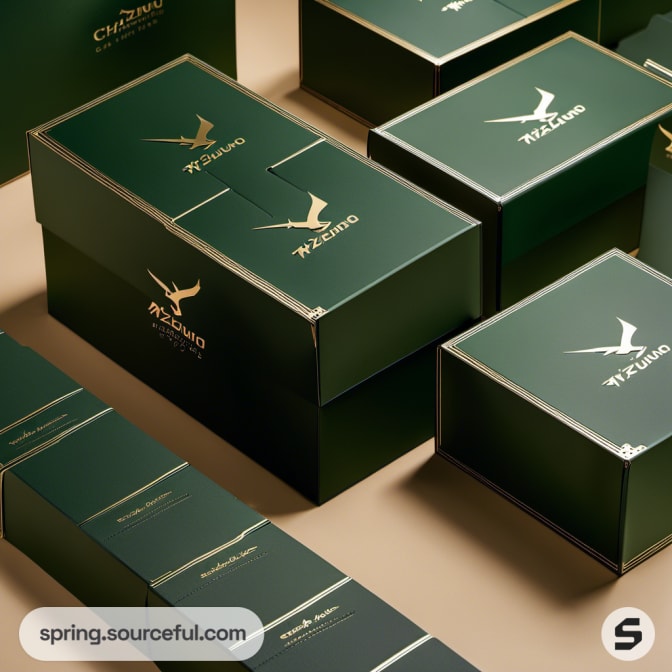 Multiple green boxes with sleek and uniform branding.