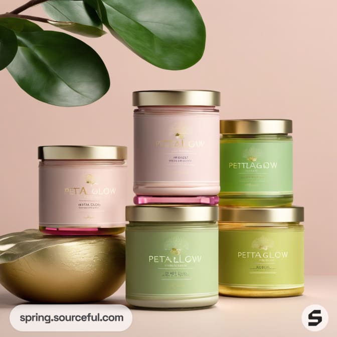 Assorted candle jars with gold lids in pastel green and pink hues, surrounded by leaves.