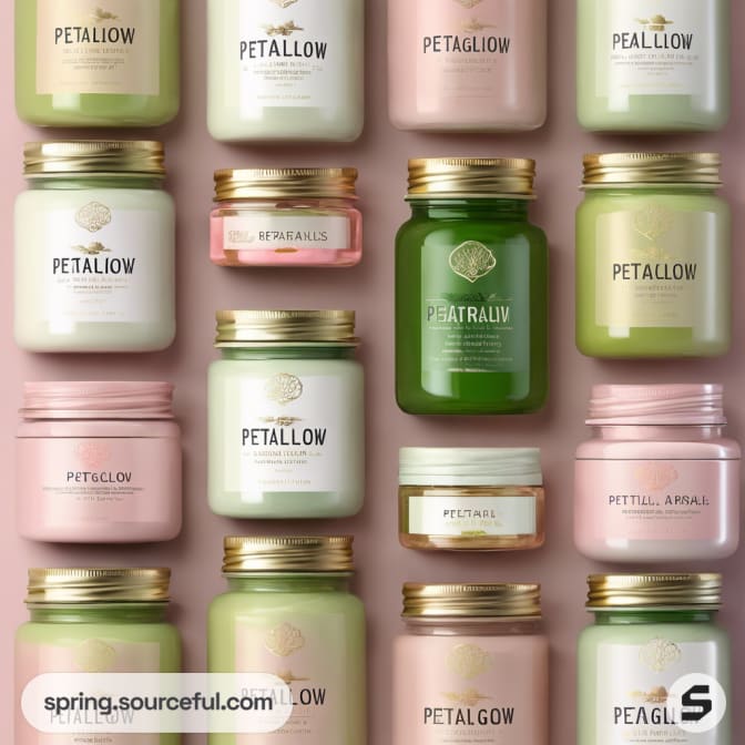 Array of candle jars in pastel pink, green, and white with gold lids, arranged in rows.