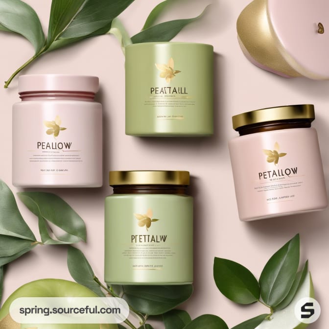 Four candle jars with gold lids on a beige surface, surrounded by leaves.