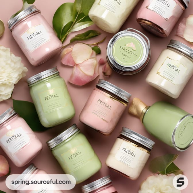 Various candle jars in pastel shades with silver lids, arranged randomly with flowers.
