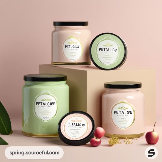 Assorted candle jars in pastel colors with black lids, displayed on a beige surface.