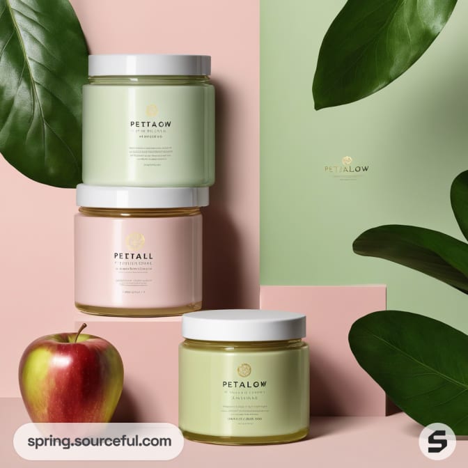 Three stackable candle jars in pastel pink and green, with surrounding foliage.