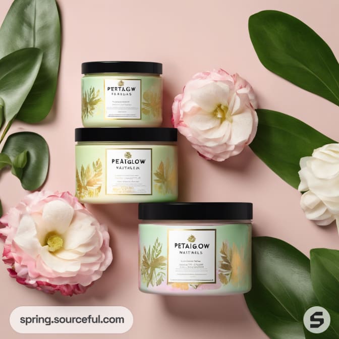 Three pastel green candle jars with black lids, surrounded by flowers and leaves.