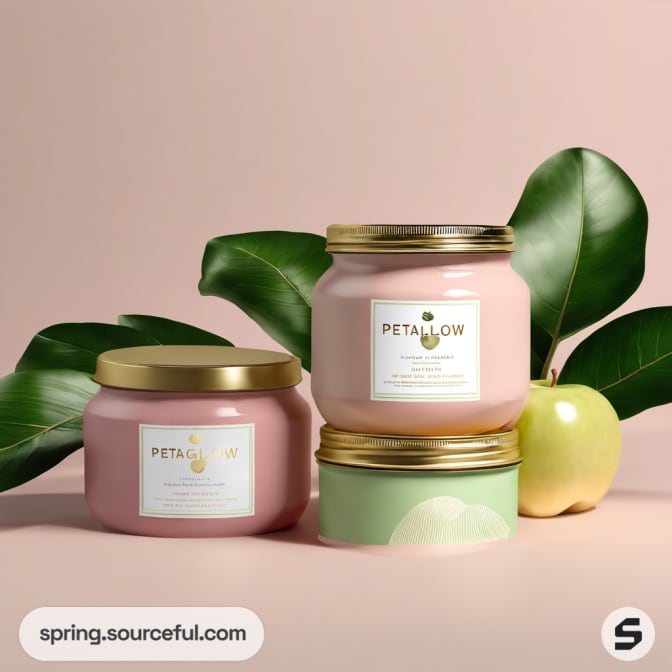 Two pink candle jars with gold lids on a beige surface, accompanied by green leaves.