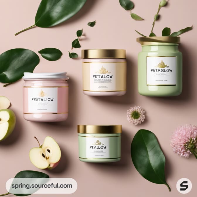 Four candles in assorted pastel colors with gold lids, surrounded by apples and foliage.